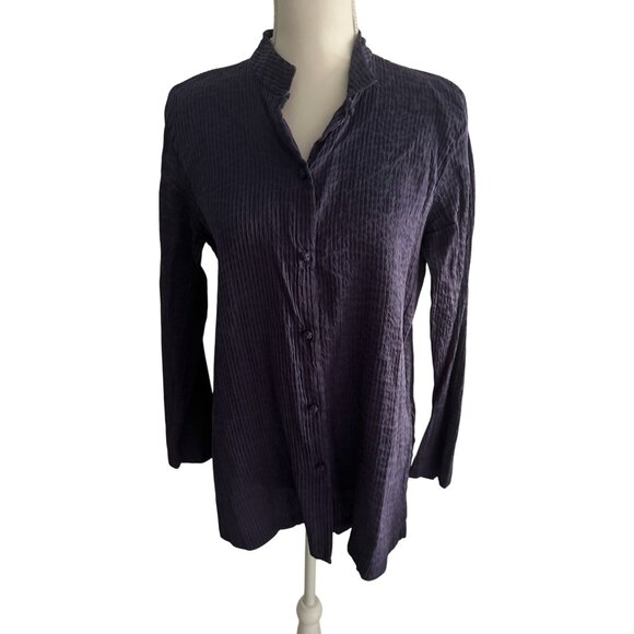 EILEEN FISHER Navy Pleated Tunic Button Down Blouse Size Medium - Picture 3 of 5